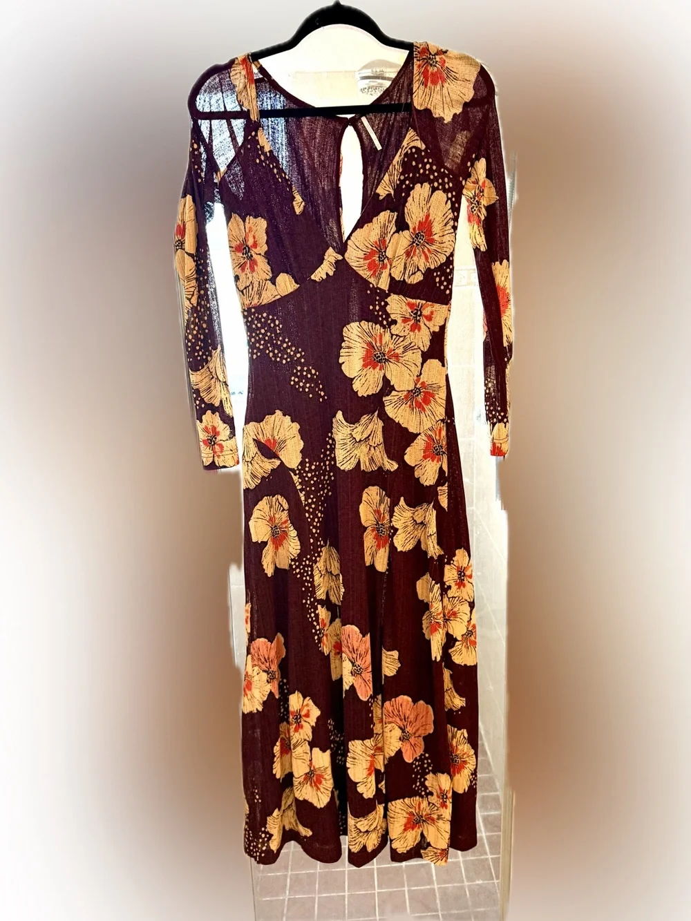 Free People Burgundy Floral Long Sleeve Maxi Dress Boho chic Sz m
